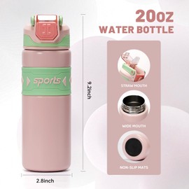 pluseight Insulated Water Bottle with Straw Lid, 20 oz Stainless Steel Vacuum Metal Bottle, Leak Proof, Flip Lid, Carry Handle for Gym, Travel, Sports (Pink)