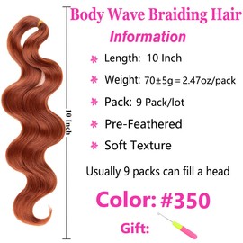 COOKOO 9 Packs Short Body Wave Braiding Hair 10 Inch Pre-Feathered Copper Red Premium Bouncy French Curl Wavy Braiding Hair Wavy Texture Braiding Synthetic Hair Extensions for Goddess Box Braids (350#)