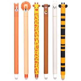 MKKZLPN Erasable Pen, Set of 6 Gel Eraser Pens, Set of 6 Erasable Gel Pens with Thermosensitive Eraser Ink, Assorted Ink Colours and Case Designs, 0.7mm Tip Animal