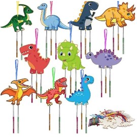MOPQMKT 10 Pieces Dinosaur Wind Chime Craft Set Children DIY Dino Crafts Wooden Wind Chime Craft for Painting Craft for Painting Creative Sets for Boys Girls Autumn Decoration Birthday