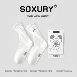 Constellation Socks Crew White Cotton Mid Calf Scrunch Slouch Boot Cozy Vintage Retro Cute Casual Fashion Funny Socks (US, Numeric, 5.5, 9.5, Regular, Regular, [ARIES]Constellation Series)