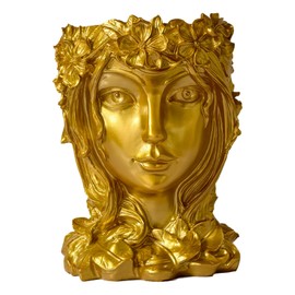 Romehaha Face Flower Pot Head Planter with Drainage Hole - Cute Resin Goddess Face Planter for Indoor & Outdoor Use (Goddess Golden, Large)