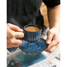 Hasense 4 Oz Espresso Cups with Saucers Set of 4, Ribbed Cappuccino Cups Ceramic for Coffee,Espresso,Double shot,Latte and Macchiato, Demitasse Cups Set Aesthetic Gift, Blue