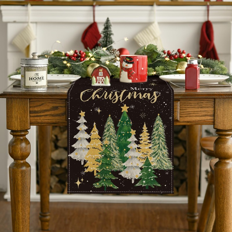 Artoid Mode Black Trees Snowflakes Merry Christmas Table Runner Winter