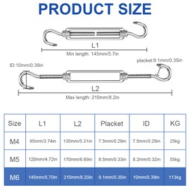 ANOMM 6PCS M6 Turnbuckle Wire Tensioner, 304 Stainless Steel Adjustable Turnbuckle Hook, Eye Rope Cable Tension, Heavy Duty Sun Shade Sail Fixing for Rope Tightener, Garden Wire, ClotheslineTensioner