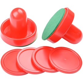 Air Hockey Pushers, 2 Pcs 96mm Air Hockey Table Felt Pusher with 4Pcs Red Pucks for Replacement Pucks Table Mallet Goalies for Game Table