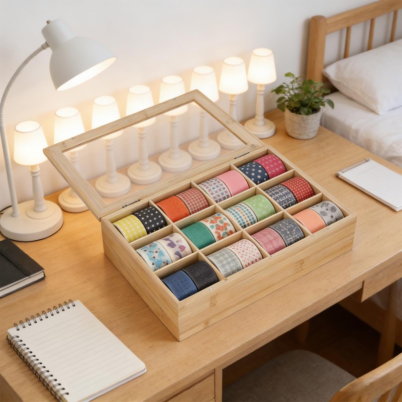 Qinpufu Wooden Washi Tape Organizer Box with Clear Lid –
