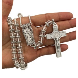 Crystal Clear Beads Catholic Rosary Crucifix Necklace San Judas Recuerdos de Bautizo Communion Religious Gifts St. Jude (Silver)