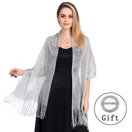 FAIRYGATE Stola für Abendkleid mit Kostenloser Schal Damen Festlich Schnalle Wickel Abendkleid Damen Schals für Abend Braut Brautjungfer Geschenk Silber mit Quaste A0508