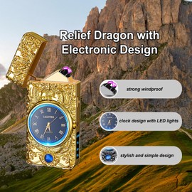 Plasma Portable Electric Lighter, Windproof USB Rechargeable, with LED Lighting and Stylish dial, Convenient for Daily Carry, Suitable for Gift Giving（Dragon-Gold）
