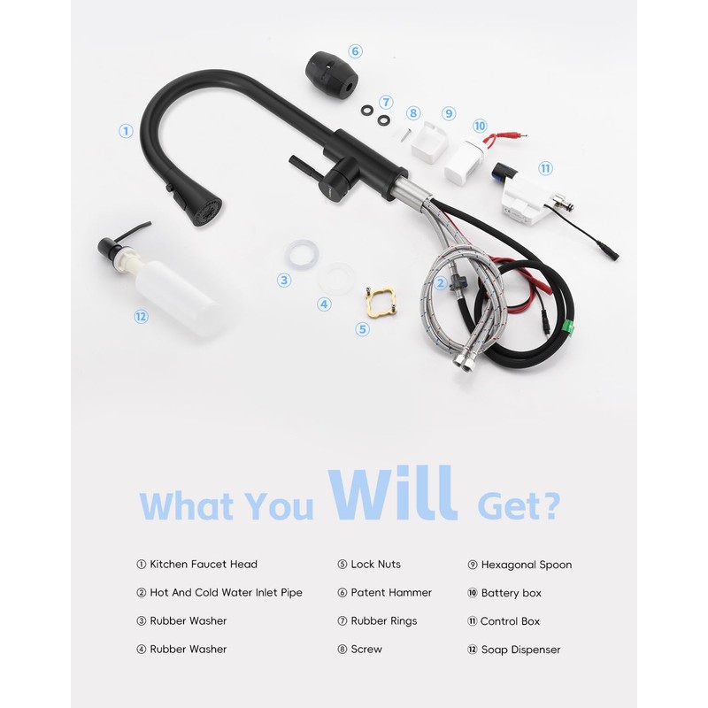 AJO BEND Touchless Matte Black Kitchen Sink Faucet with Pull