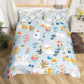 Manfei Kids Rabbit Duvet Cover Set Twin Size, Cute Bunnies and Color Flowers Bedding Set 2pcs for Boys Girls, Cartoon Animals Comforter Cover Soft Polyester Quilt Cover with 1 Pillowcase,No Comforter