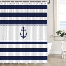 XHUUXH Nautical Anchor Shower Curtain Navy Blue White Striped Beach Ocean Lover Modern Marine Adventure Theme Decor Bathroom Curtains Set with Hooks