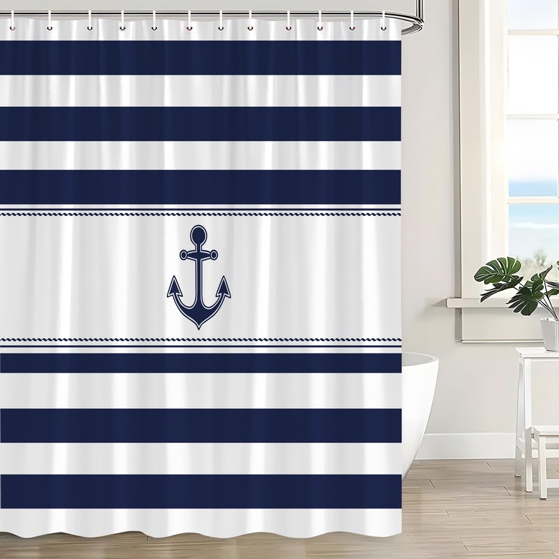 XHUUXH Nautical Anchor Shower Curtain Navy Blue White Striped Beach