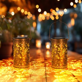 2 Pack Fairy Solar Lanterns Outdoor Hanging Lantern Lights, Butterfly Hollowed-Out Metal Decor Lantern, Butterfly Garden Decoration for Patio, Yard