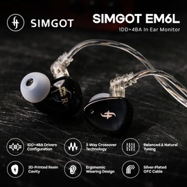 Linsoul SIMGOT EM6L 1DD + 4BA Hybrid Driver in-Ear Monitor, Gaming Earbud, HiFi IEM Earphone with 3D-Printed Resin Housing, Detachable OFC Silver-Plated Cable for Musician Audiophile