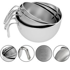 Suwimut 3 Pieces 304 Stainless Steel Mixing Bowls, 1.3/2.1/2.6 Quart Mixing Bowl Set with Handle, Pour Spouts & Measurement Marks, Metal Nesting Bowls with Silicone Spatula for Baking Cooking