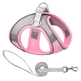 EarthPETS Step-in Pet Harness with a Free 59” inch Leash Included - Breathable Air Mesh for Dogs & Cats, with Reflective Straps, Safe Vest Built with Buckle & Double Metal Rings, Gray & Pink, L