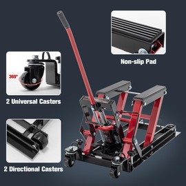 Hydraulic Motorcycle Lift Jack, 1500 LBS Capacity Foot-Operated Motorcycle Lift Table, Portable Motorcycle Lift Table with Wheels, ATV Scissor Lift Jack with 4.5" - 15" Lifting Range, Red