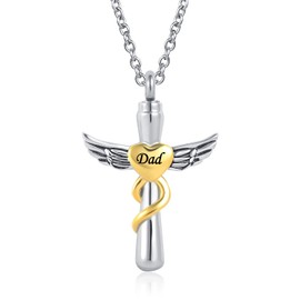 YQSLIN Angel Wings Urn Necklace Dad Cross Cremation Jewelry Keepsake Memorial Father Ashes Forever in My Heart for Men (NY-URN-054)
