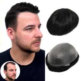 BEEOS 0.08mm Thin Skin Toupee Hair for Men, V-looped No Knots 8x10 Inch PU Base Size Human Hair Mens Hair Piece, Hair Replacement System #1 Jet Black