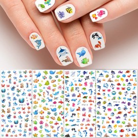 8 Sheets Ocean Animals Shark Nail Art Stickers 3D Self-Adhesive Nail Decals for Little Girls Kids Nail Art, Under The Sea Birthday Party Supplies Decorations Favors Sea Animal Goodie Bag Fillers