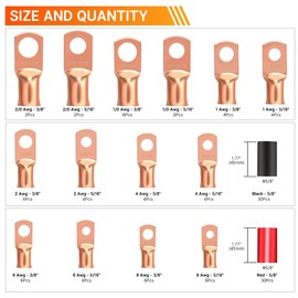 Kuject 120PCS Battery Cable Ends AWG 1 2 4 6 8 1/0 2/0 Gauge, 60PCS Heavy Duty Copper Wire Lugs Kit, Battery Cable Terminal Connectors Assortment with 60PCS 3:1 Heat Shrink Tubing