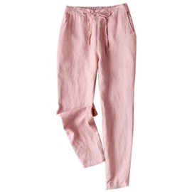 Tanming Linen Pants for Women Summer Casual High Waisted Drawstring White Beach Pant (Pink, XS)