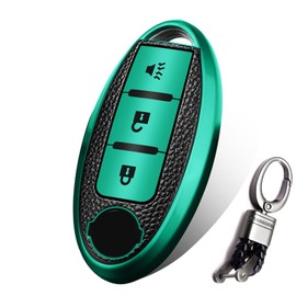 Xotic Tech Green TPU Grainy Leather Texture Key Fob Shell Cover Case w/ Keychain, Compatible with Nissan Murano Rogue TIIDA Pathfinder 370Z Leaf 3-Button Smart Keyless Entry Key