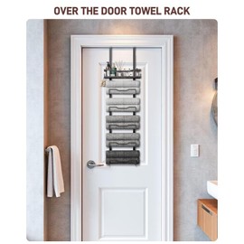 Aetyord Hanging Towel Racks for Bathroom No Drill - 6-Tier Over The Door Bath Towel Storage Organizer for Small Bathrooms - Tiered Back of Door Towel Holder Hanger for Rolled Towels RV Camper Black