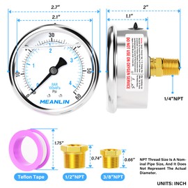 MEANLIN MEASURE 0~60Psi Stainless Steel 1/4" NPT 2.5" FACE DIAL Liquid Filled Pressure Gauge, Pool Sand Filter Pressure Test Center Back Mount, with 1/2" NPT and 3/8" NPT Hex Bushing