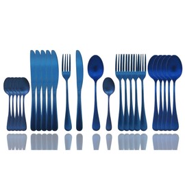 JASHII Matte Silverware Set, 24-Piece Stainless Steel Satin Finish Flatware Service for 6, Kitchen Utensils, Tableware Cutlery for Home and Restaurant (Blue Full)