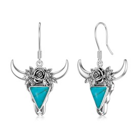 BETHZA Turquoise Cow Skull Earrings, 925 Sterling Silver, Turquoise Cow Head Drop Earrings, Bohemian Western Jewelry, Gifts for Women, Cowgirls, Sterling Silver, Turquoise