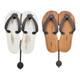 Aecipl Wooden Wall Hooks Hanging Flip Flop Sign Beach Themed Decor Nautical Coat Towel Hook for Bathroom Bedroom Pool Wall Mounted Decorative Slipper Decoration (White + Burlywood)