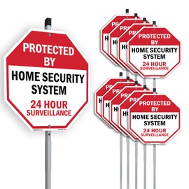 Protected By Home Security System 24 Hour Surveillance (10 Pack) 10 inch X 10 inch Octagon Plastic Signs with Aluminum Mounting Stakes Weather Resistant UV Protected for Workplace Made in the USA