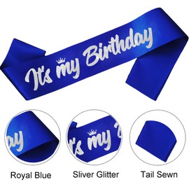 FSJJLLU 'It's My Birthday' Royal Blue Satin Birthday Sash with Silver Glitter Letters - Unisex Adult Size, 1 Count