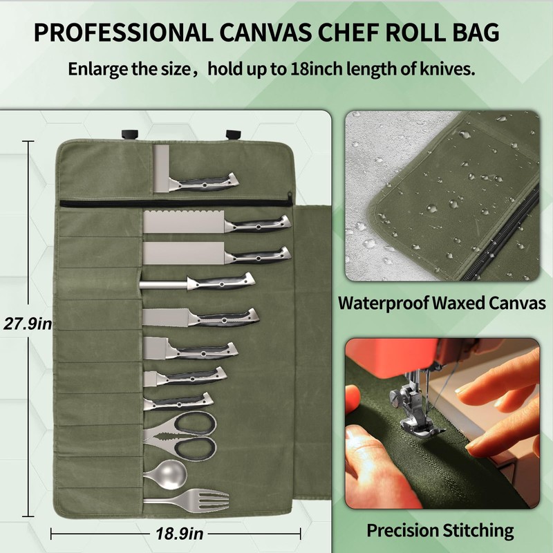 lelezone Chef Knife Roll Bag,Waterproof Waxed Canvas Knife Case Holds,Knives