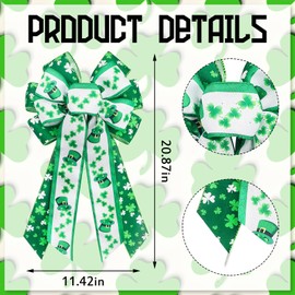 Habbiful Large St. Patrick's Day Bow for Wreath, St Patricks Day Wreath Bow for Front Door Fence Green White Shamrock Burlap Bow Irish Holiday Tree Topper Bow for Saint Patrick's Day Decoration