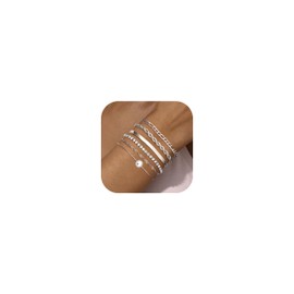 Milacolato 6 Piece Chain Bracelets Set for Women Adjustable Fashion 18K Gold-Plated Delicate Stainless Steel Twist Figaro Herringbone Chain Zirconia Link Bracelet Jewellery, Stainless Steel, Cubic