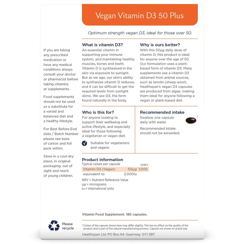 Healthspan Vegan Vitamin D3 50 Plus | 180 Capsules |