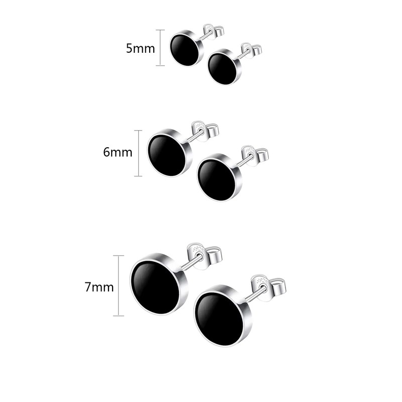 Hinvan 3 Pairs 925 Sterling Silver Earrings Round Black Paint