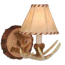Lodge 1 Light Rustic Wood Antler Armed Wall Sconce Faux Leather Shade