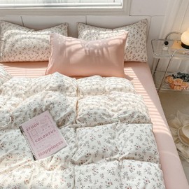 Sedefen Bed Linen 135 x 200 cm Pink Flowers Leaves Reversible Bed Linen Girls Microfibre Aesthetic Bedding Set Oeko-Tex Duvet Cover with Zip and 1 Pillowcase 80 x 80 cm