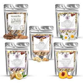Nelson's Tea Favorites Sampler Pack - Caffeine Free - Loose Leaf Tea Sampler - A&J's Root Beer, Banana Nut Bread, Chamomile Honey Vanilla, Lemon Ginger Honey, Peach Dream - Samples Sizes
