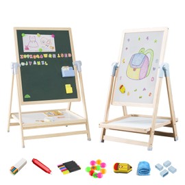 Adena Montessori Art Easel for Kids, 2 in 1 Adjustable Wooden Standing Art Easel & Toys Table Montessori Learning Furniture for 3-8 Years Old Children
