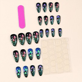 Almond Press on Nails Medium Length Fake Nails Colorful Mushrooms Glue on Nails Black Starry Sky False Nails with Designs Glossy Acrylic Nail Stick on Nails for Women Girls 24PCS