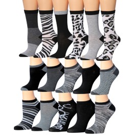 Tipi Toe Women's 16 Pack Zebra and Leopard Parade Colorful Patterned Low Cut & Crew Socks, NS119-WC37A