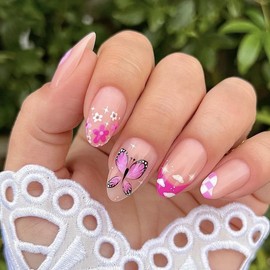Square Short Press on Nails, Almond Fake Nails Spring Flower Cloud Butterfly with Design, Cute False Nails Fit & Natural Reusable Stick On Nails in 12 Sizes - 24 Fake Nails French Kit,