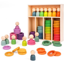 Montessori Toys Wooden Color Sorting Stacking Rings Toy Rainbow Wooden Peg Dolls Counting Toys Circular Building Blocks Stacking Game Preschool Learning Education Fine Motor Skill Toys for Toddlers