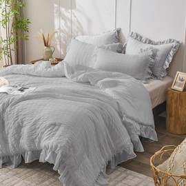 JOLLYVOGUE Twin Size Comforter Set, 2 Pieces Seersucker Lightweight Fluffy Bedding Set, Twin Ruffle Comforter, All Season Soft Microfiber Shabby Chic Bed Set for Girls, Light Grey
